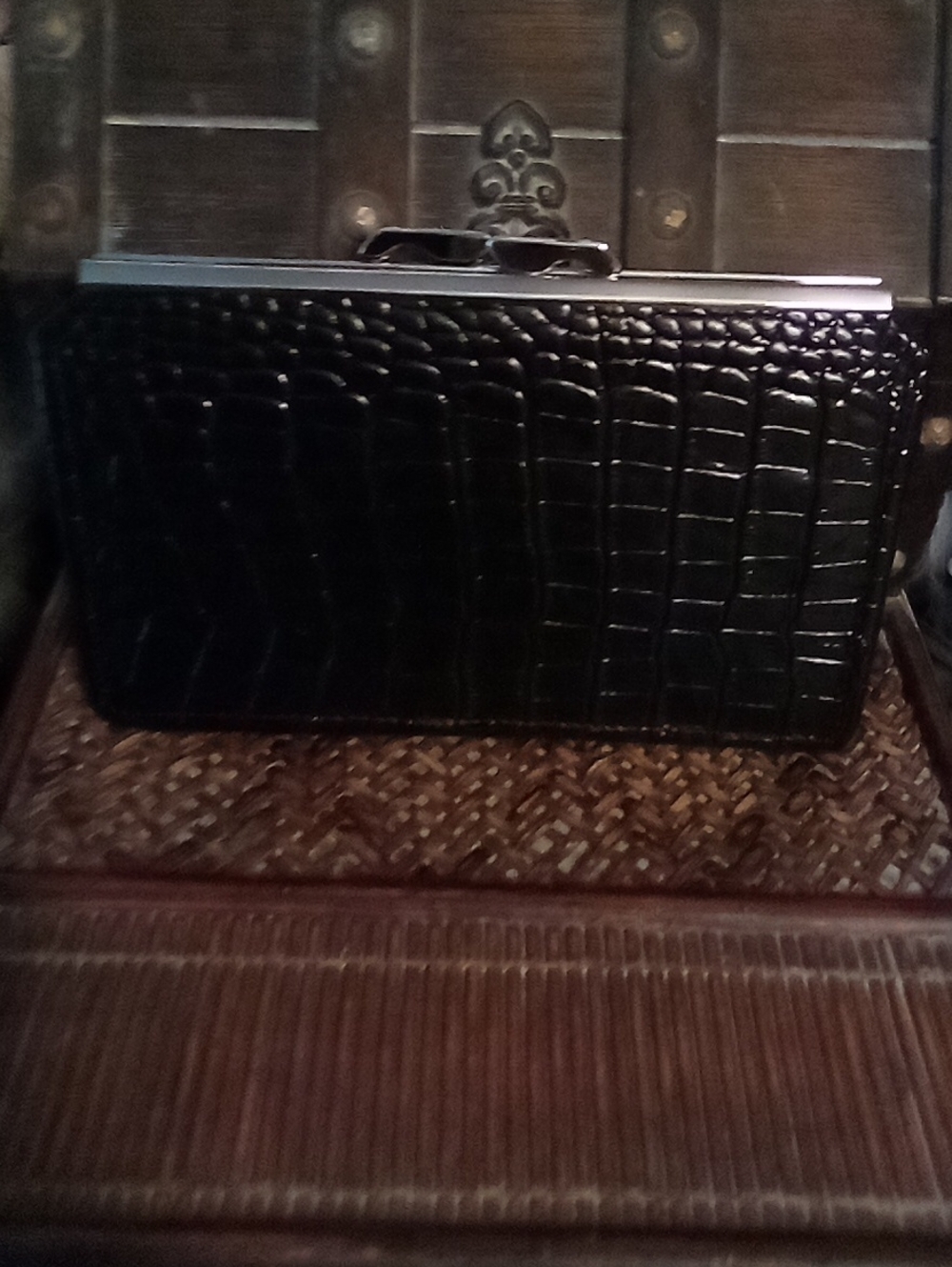 Abas Black -Embossed Leather Clutch Wallet Silver Hardware 8 Card Slot